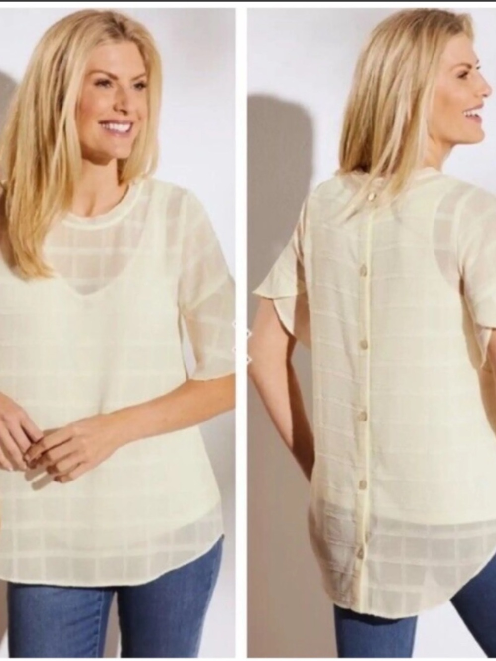 Soft Surroundings Ivory Window Pane Sheer Button-Back Blouse 1X